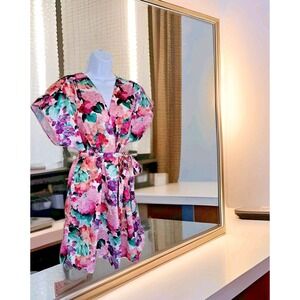 Sleep Solutions Kimono M Watercolor Floral Wrap Tie Knee Length Satin Robe